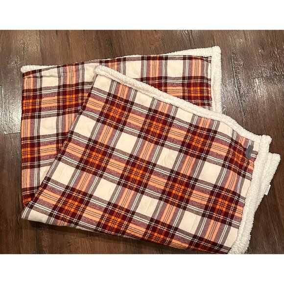 Eddie Bauer Plaid Sherpa Throw Blanket 50" X 60" Tan & Orange Cozy Reversible So - Picture 13 of 14